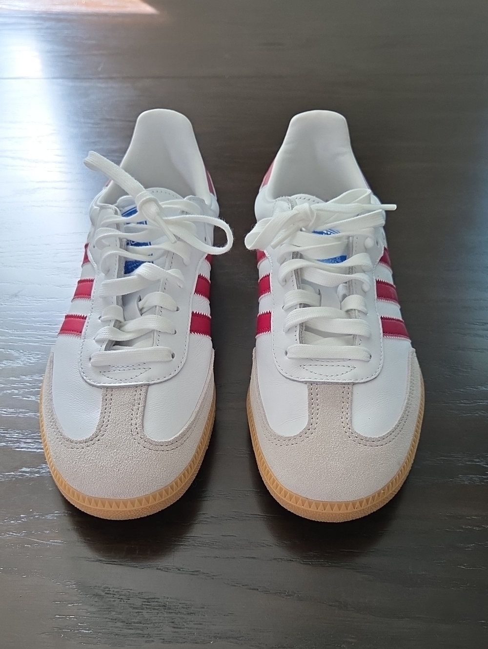 adidas White Sneakers with Red Stripes and Gum Outsole
